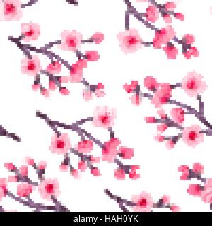 Cute delicate background pattern with pink cherry flowers isolated on the white. Vector illustration eps. Watercolor imitation Stock Vector