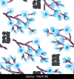 Cute delicate background pattern with blue cherry flowers and stylized hieroglyph meaning happiness, luck, health isolated on the light fond. Vector i Stock Vector