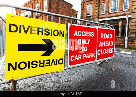 Road diversion sign, diversion, road ahead closed, access only, sign, signs, road signs, UK England GB Stock Photo