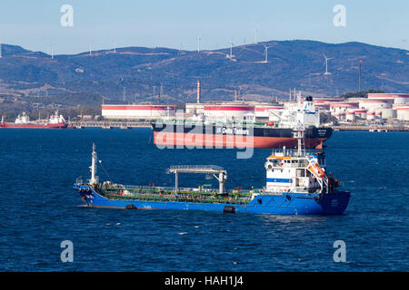 Gibunker 100, Oil, Products, Tanker,  and Meltemi Delta Tankers, Crude Oil carrierer off  San Roque  Refinery Stock Photo