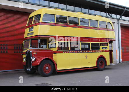 Preserved Douglas AEC Regent III 64 (KMN 835) is seen at Banks Circus depot, Douglas Stock Photo