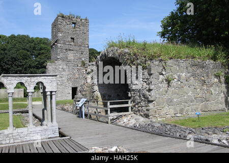 ISLE OF MAN, AUGUST 16, 2016: The ruins of the Monks Cloister, Church Tower and Chapter House at Rushen Abbey, Ballasalla Stock Photo