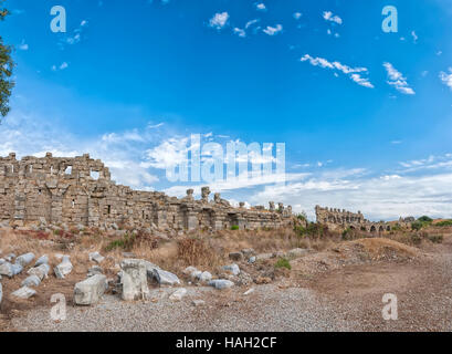 The ancient city wall ruins that surround the town of Side in Turkey. Stock Photo