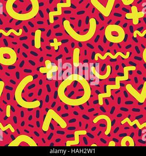 Bright cheerful pattern Memphis style for fashion. color image for postcards, fabric, wallpaper. Background in yellow, pink colors Stock Vector