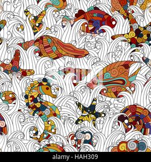 Cartoon hand-drawn doodles on the subject of under water life theme seamless pattern. Colorful detailed, with lots of objects vector background Stock Vector