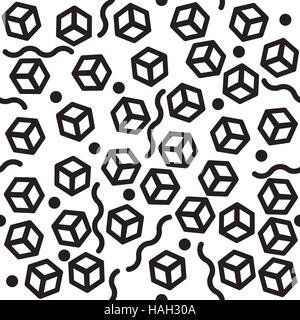 Retro vintage 80s 90s fashion seamless pattern. Trendy geometric elements in Memphis style. Vector illustration in black and white Stock Vector