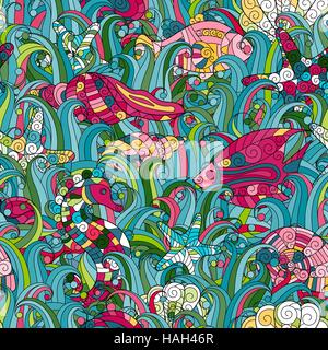 Cartoon hand-drawn doodles on the subject of under water life theme seamless pattern. Colorful detailed, with lots of objects vector background Stock Vector