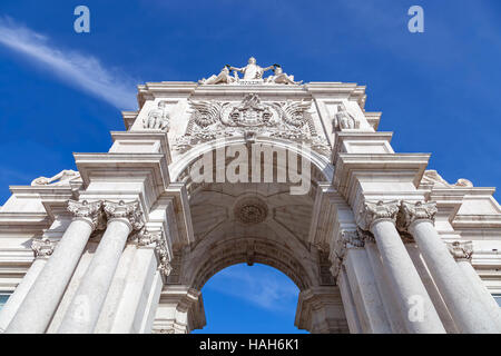 Lisbon, Portugal. Looking up at the Augusta Street Triumphal Arch in the Commerce Square, Praca do Comercio or Terreiro do Paco. Stock Photo