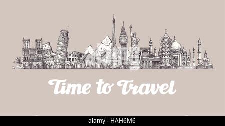 Travel, journey. Around the world, Sights of countries. Banner, vector illustration Stock Vector