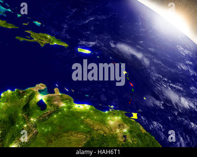 Map of Caribbean with embedded flag on planet surface. 3D illustration ...