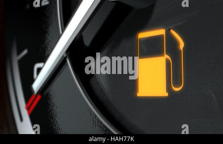 A 3D render of an extreme closeup of an illuminated low petrol fuel dashboard light on a car dashboard panel background Stock Photo