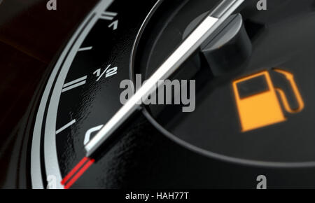 A 3D render of an extreme closeup of a gas gage showing the needle at empty with an illuminated light indicating so Stock Photo