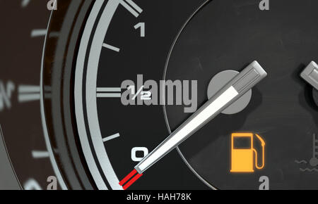 A 3D render of an extreme closeup of a gas gage showing the needle at empty with an illuminated light indicating so Stock Photo