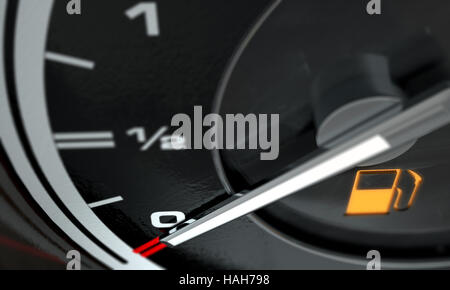 A 3D render of an extreme closeup of a gas gage showing the needle at empty with an illuminated light indicating so fuel Stock Photo