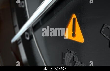 A 3D render of an extreme closeup of an illuminated general warning dashboard light on an dashboard panel background Stock Photo