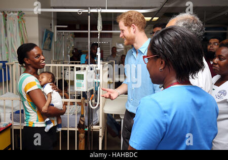 Prince Harry meets staff and patients at the Queen Elizabeth Hospital in Bridgetown, Barbados on the country's 50th anniversary of independence, during his tour of the Caribbean. Stock Photo