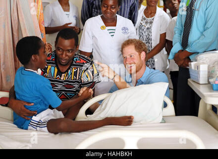 Prince Harry meets staff and patients at the Queen Elizabeth Hospital in Bridgetown, Barbados on the country's 50th anniversary of independence, during his tour of the Caribbean. Stock Photo