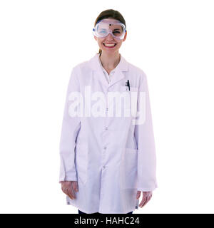 Female assistant scientist in white coat over  isolated background Stock Photo