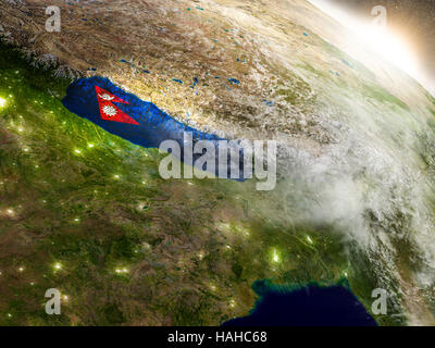 Flag of Nepal on planet surface from space. 3D illustration with highly ...