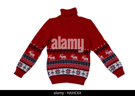 Red knitted sweater background with traditional design, isolate on a white background Stock Photo