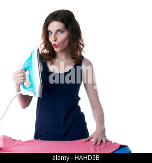 Young woman in dark T-shirt and green rubber gloves over white isolated background Stock Photo