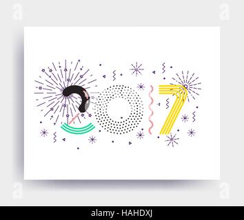 2017 New Year design, eye catching banner. Bright colorful vector memphis illustrations for greeting card, posters, print, mobile phoned designs, ads, Stock Vector