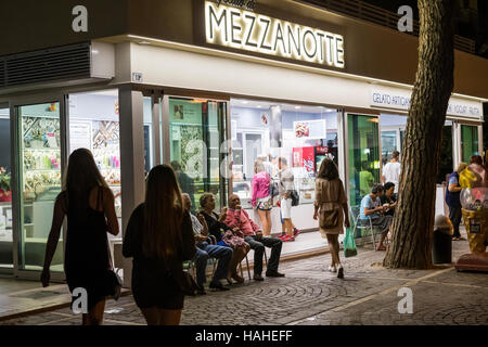 Mezzanotte Gelateria. Best ice cream shop. Misano Adriatico, Italy. Stock Photo