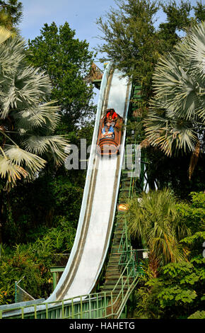 Tourists on Stanley Falls log flume in Busch Gardens Tampa Stock Photo