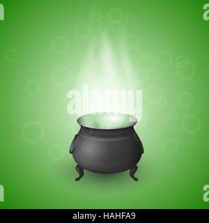 Cartoon Halloween witch cauldron with potion and realistic flames on green background with bubbles. Black pot with bubbling magic brew. Vector illustration. Stock Vector