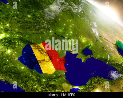 Romania with embedded flag on planet surface during sunrise. 3D illustration with highly detailed realistic planet surface and visible city lights. El Stock Photo