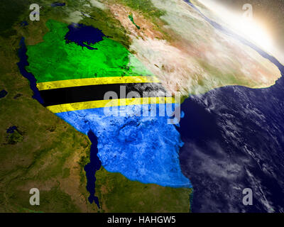 Map of Tanzania with embedded flag on planet surface. 3D illustration ...
