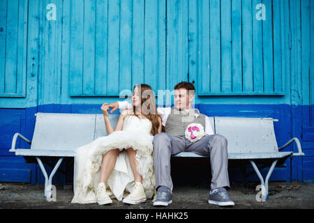 Awesome young wedding couple posing and having fun Stock Photo