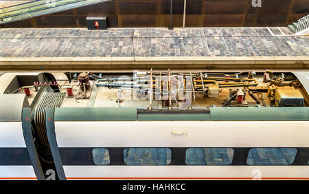 Roof equipment of a Siemens Velaro high-speed train at Zaragoza-Delicias station, Spain Stock Photo
