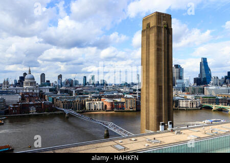 View of St Paul's, the Millennium Bridge and the City from the viewing gallery of Tate Modern, Bankside, London, UK Stock Photo