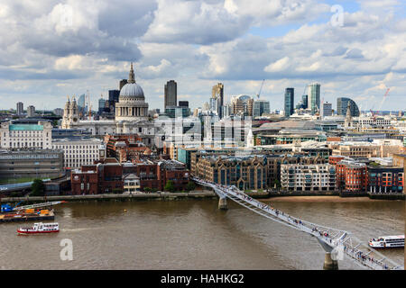 View of the Millennium Bridge and St. Paul's Cathedral from the viewing gallery of Tate Modern, Bankside, London, UK Stock Photo