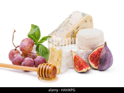 Soft cheese with honey, grapes and figs isolated on white Stock Photo