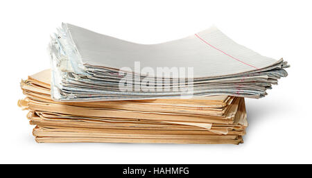 In front stack of old yellowed sheets of school notebooks isolated on white background Stock Photo