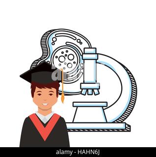 cartoon graduate man  over microscope icon and white background. colorful design. vector illustration Stock Vector
