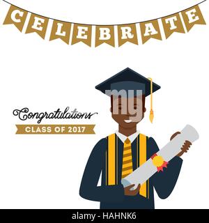 cartoon graduate man holding a diploma icon over white background. colorful design. class of 2017 concept. vector illustration Stock Vector