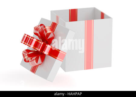 White empty gift box with red ribbon and bow, 3D rendering isolated on white background Stock Photo