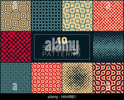 Set of Ten Vector Seamless Wavy Lines Truchet Irregular Halftone Patterns In Red Tan and Navy Colors Stock Vector