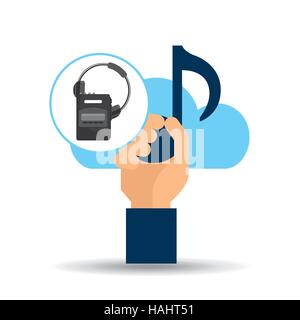 hand hold note music cloud and headset cassette player vector illustration eps 10 Stock Vector