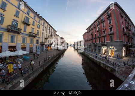 The old naviglio in a summer dusk. Milan, Lombardy. Italy Stock Photo