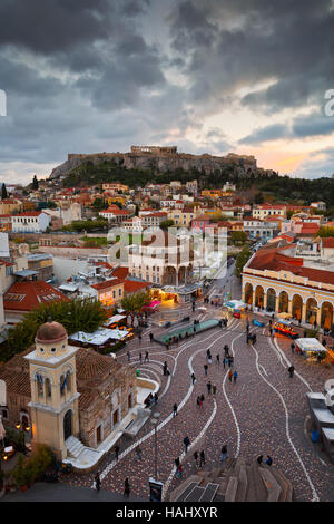 View of Acropolis from a roof-top coffee shop in Monastiraki square, Athens. Stock Photo