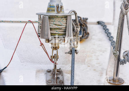 Pulley on front of a sailboat Stock Photo