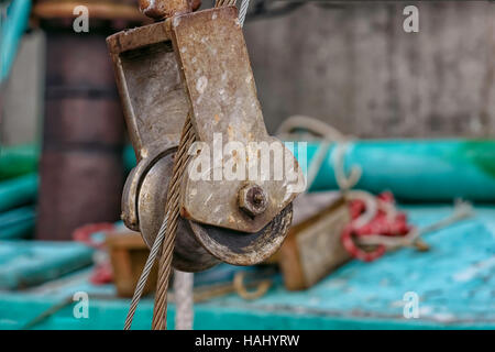 Pulley with steel cables on shrimp boat Stock Photo