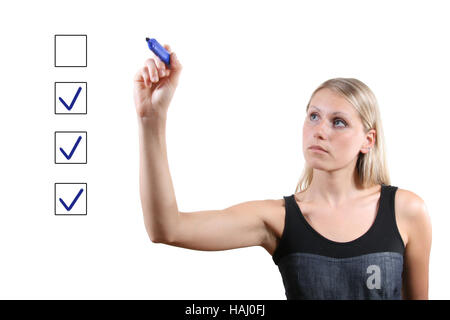 Woman with blue pen mark the check boxes Stock Photo