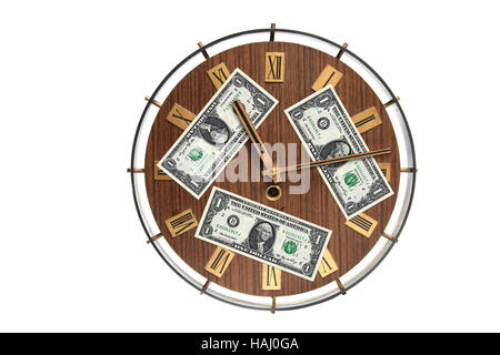 time is money concept - wall clock with dollar bills Stock Photo