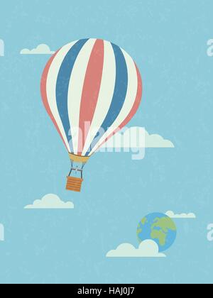 Global travel concept, hot air balloon in the sky leaving planet earth. Retro style, grunge texture, pastel colors Stock Vector
