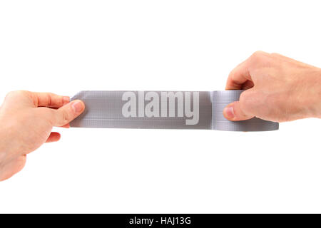 roll of duct tape in hands on white background Stock Photo